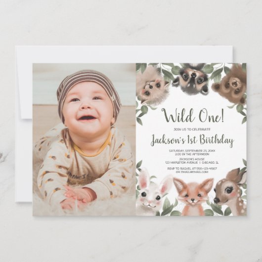 Wild Een bosbeesten jongens 1e verjaardag foto Kaart (Voorkant)