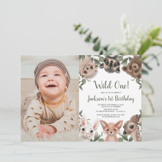 Wild Een bosbeesten jongens 1e verjaardag foto Kaart (Staand voorkant)