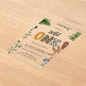 Wild Een dier vorm letters groen 1e Verjaardag Acryl Uitnodigingen (Laagn)