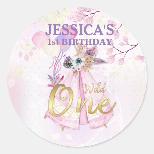 Wild Een Eerste Verjaardag Roze TeePee Boho Ronde Sticker (Voorkant)