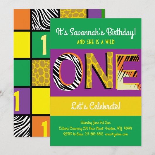 Wild Een Kleurrijke 1e Verjaardag Uitnodigingen (Voorkant / Achterkant)