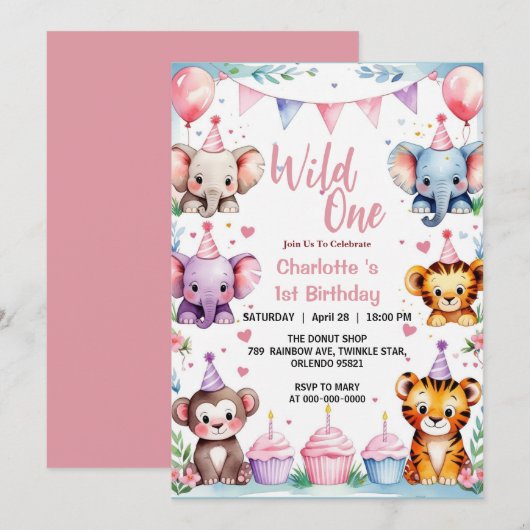 Wild Een Leuke Dieren Ballon Meisjes 1e Verjaardag Kaart (Voorkant / Achterkant)