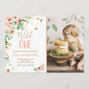 Wild Een Meisje 1e Verjaardag Invite Floral Roze G Kaart
