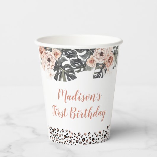 Wild Een Meisje Leopard Print Verjaardag Papier Cu Papieren Bekers (Achterkant)