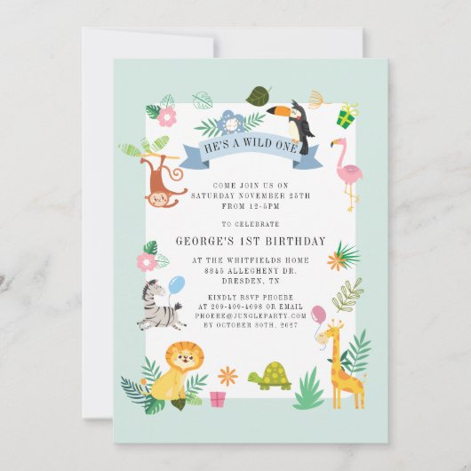 Wild Eén Oerwoud Safari Dieren 1e verjaardag Kaart (Voorkant)