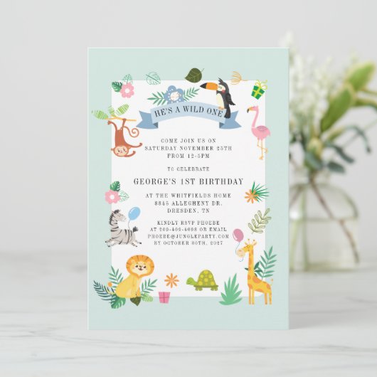 Wild Eén Oerwoud Safari Dieren 1e verjaardag Kaart (Staand voorkant)