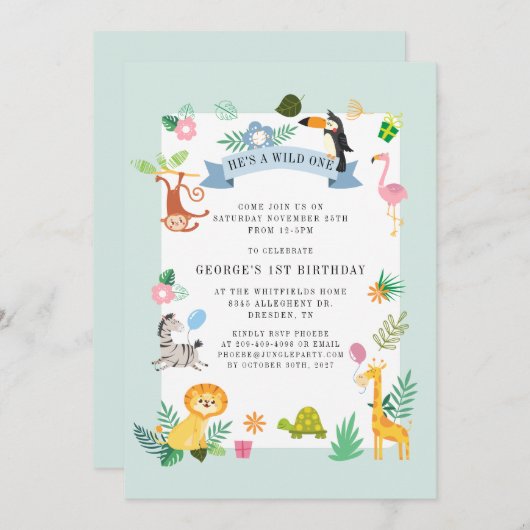 Wild Eén Oerwoud Safari Dieren 1e verjaardag Kaart (Voorkant / Achterkant)