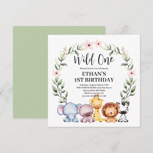 Wild Eén Oerwoud Safari Dieren 1e verjaardag Kaart (Voorkant / Achterkant)