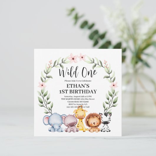 Wild Eén Oerwoud Safari Dieren 1e verjaardag Kaart (Staand voorkant)