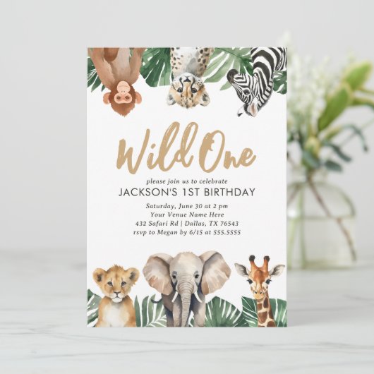 Wild Eén Oerwoud Safari Dieren 1e verjaardag Kaart (Staand voorkant)