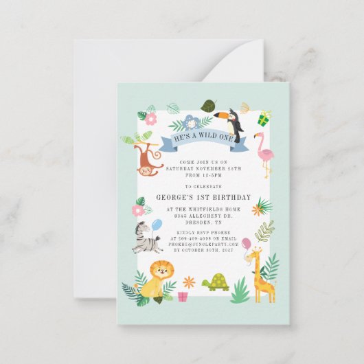 Wild Eén Oerwoud Safari Dieren 1e verjaardag Notitiekaartje (Voorkant)