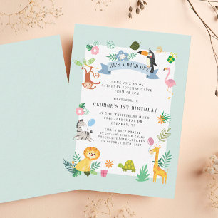 Wild Eén Oerwoud Safari Dieren 1e verjaardag Notitiekaartje