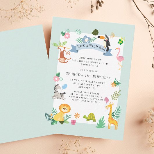 Wild Eén Oerwoud Safari Dieren 1e verjaardag Notitiekaartje
