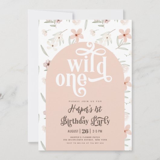 wild een pastel roze wilde bloem Eerste Verjaardag Kaart (Voorkant)