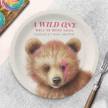 Wild Een Roze Haar Beer Baby shower Papieren Bordje<br><div class="desc">Wild one rock n roll geïnspireerd bos baby shower thema met baby beer welp met roze bliksemschicht over een oog.</div>