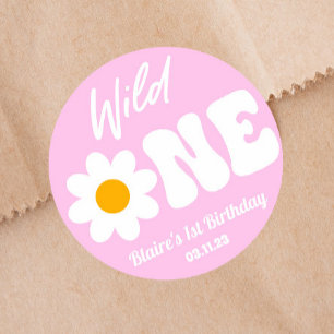 Wild Eén roze Witte Dagen Retro 1 eerste verjaarda Ronde Sticker