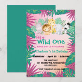 Wild Een Roze Zoo oerwoud 1e Dierlijke Verjaardags Kaart (Voorkant / Achterkant)