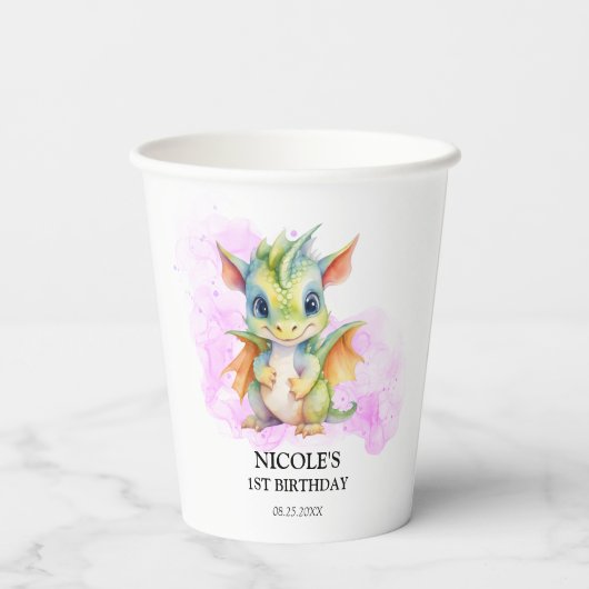 Wild Een Schattige Baby Dragon Sprookje 1e Verjaar Papieren Bekers (Achterkant)