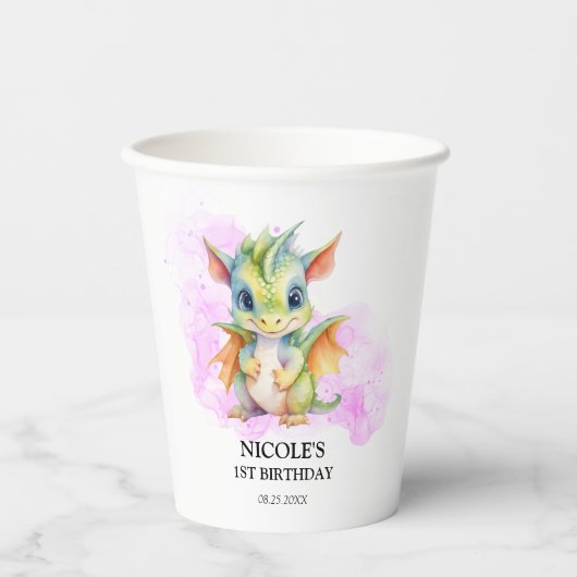 Wild Een Schattige Baby Dragon Sprookje 1e Verjaar Papieren Bekers (Voorkant)