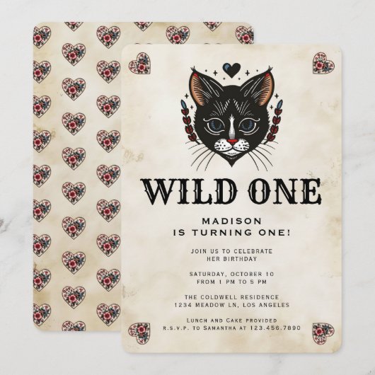 Wild Een Schattige Kitten Cat Rockabilly 1e Verjaa Kaart (Voorkant / Achterkant)