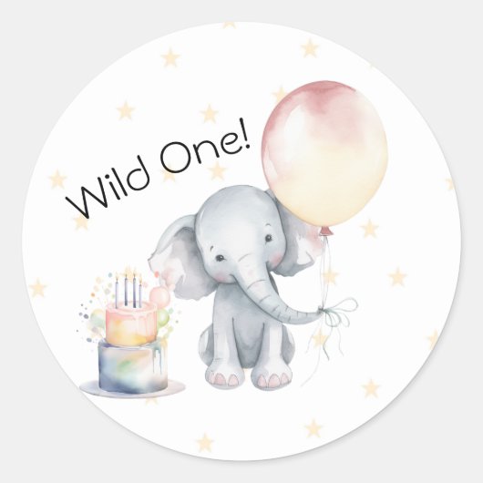 Wild Een Schattige Olifant Balloon Cake 1e Verjaar Ronde Sticker (Voorkant)