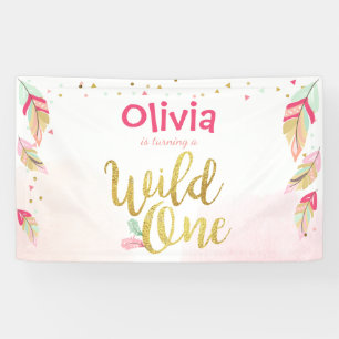 Wild een verjaardag banner veren gouden boho Triba