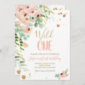 Wild Een Verjaardag Uitnodiging 1e Bloemen Roze Go (Voorkant / Achterkant)