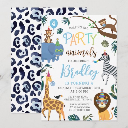 Wild Een Verjaardag Uitnodiging Party Dieren (Voorkant / Achterkant)