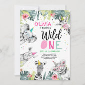 Wild Een Verjaardag Uitnodiging Safari Meisje Dier (Voorkant)