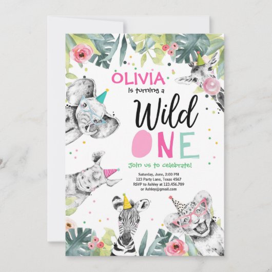 Wild Een Verjaardag Uitnodiging Safari Meisje Dier (Voorkant)