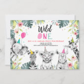 Wild Een Verjaardag Uitnodiging Safari Meisje Dier (Voorkant)