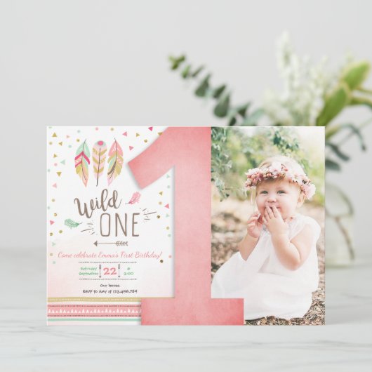 Wild Een Verjaardags Meisje Roze Goud 1e Boho Vere Kaart (Staand voorkant)