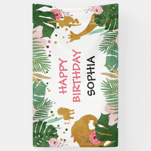 Wild één verjaardagsbanner Safari Oerwoud Animals Spandoek (Verticaal)