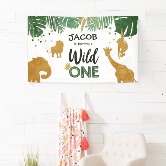 Wild één verjaardagsbanner Safari Oerwoud Animals Spandoek (Insitu)