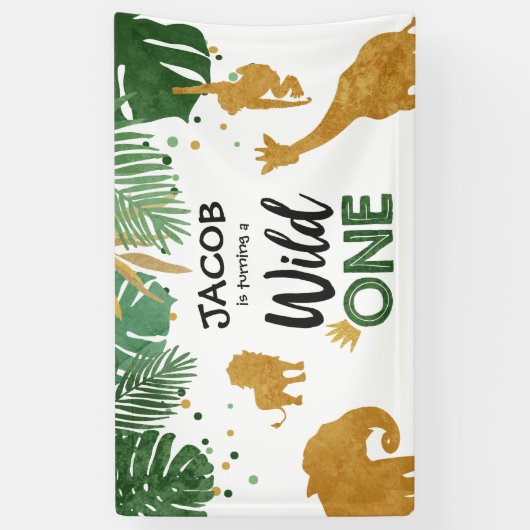 Wild één verjaardagsbanner Safari Oerwoud Animals Spandoek (Verticaal)