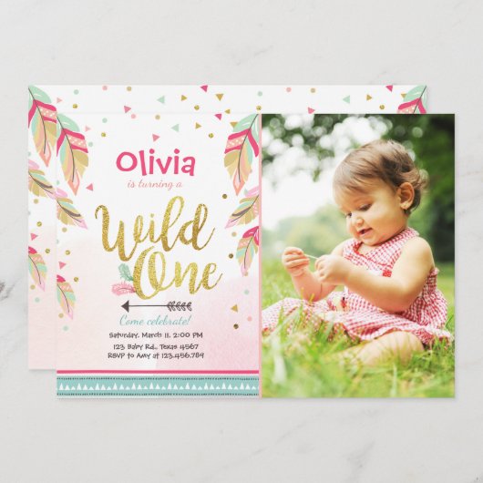 Wild Een verjaardagsuitnodiging Eerste verjaardag Kaart (Voorkant / Achterkant)