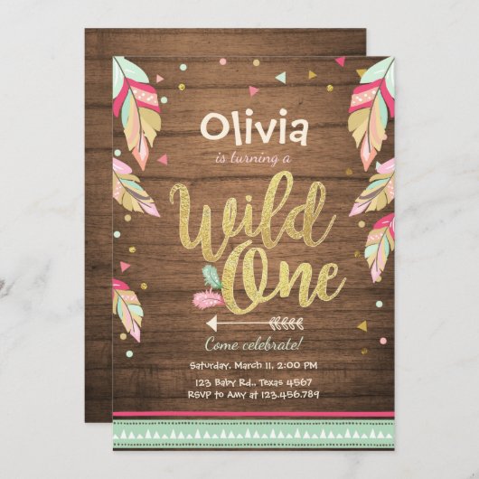 Wild Een verjaardagsuitnodiging Eerste verjaardag  Kaart (Voorkant / Achterkant)