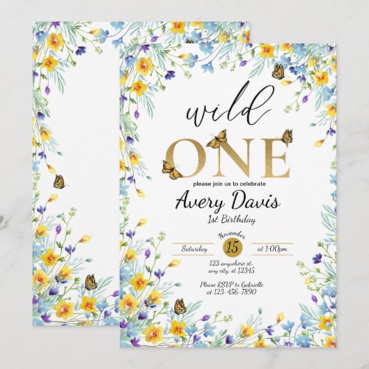 Wild een wilde bloemen en vlinders Uitnodiging (Voorkant / Achterkant)