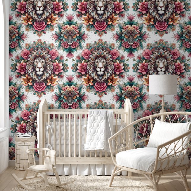 Wild Elegance: Lion & Blooming Vines Behang (Kinderen)