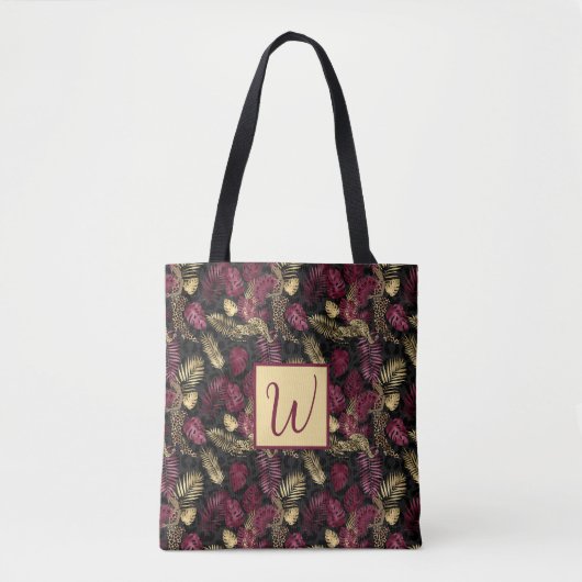 Wild Elegance Monogram Bourgogne & Goud Tote Bag (Voorkant)