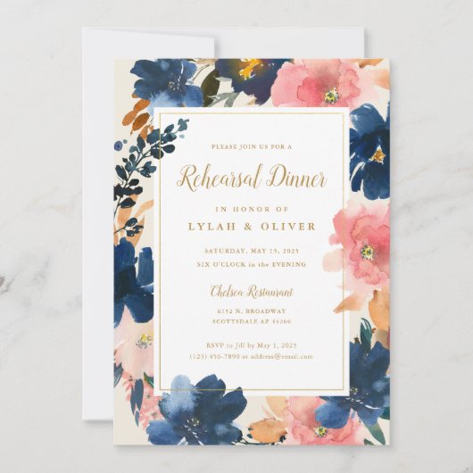 Wild Elegance | Navy Blush & Gold Rehearsal Dinner Kaart (Voorkant)