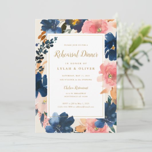 Wild Elegance | Navy Blush & Gold Rehearsal Dinner Kaart (Staand voorkant)