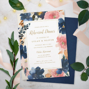 Wild Elegance Navy Blush & Gold Rehearsal Dinner Kaart