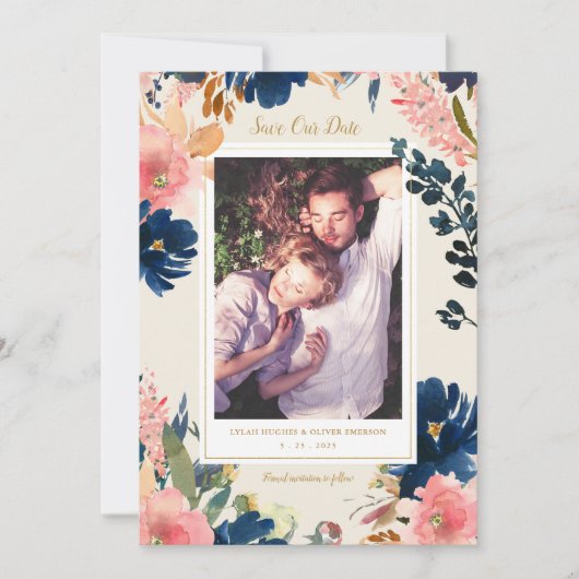 Wild Elegance | Navy Blush & Gold Save the Date Aankondiging (Voorkant)
