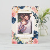Wild Elegance | Navy Blush & Gold Save the Date Aankondiging (Staand voorkant)