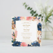 Wild Elegance | Navy Blush & Gold Square Weddensch Kaart (Staand voorkant)