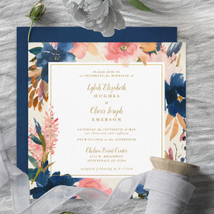Wild Elegance   Navy Blush & Gold Square Weddensch Kaart