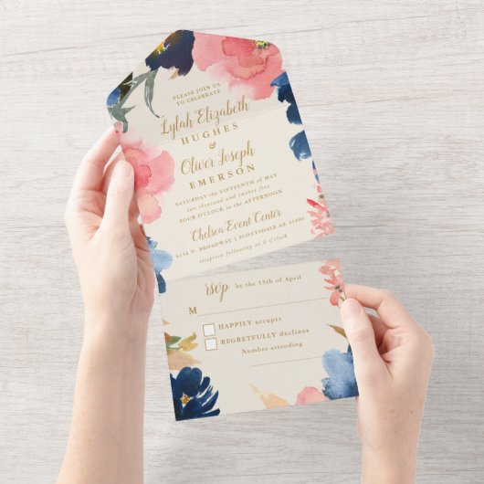 Wild Elegance | Navy Blush & Gold Wedding All In One Uitnodiging (Afscheurbaar)