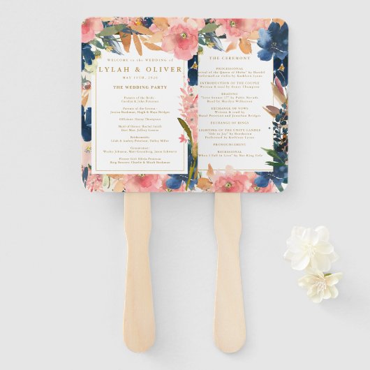 Wild Elegance | Navy Blush & Gold Wedding Hand Fan Handwaaier (Voorkant en achterkant)