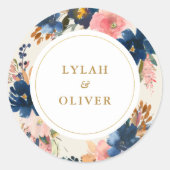 Wild Elegance | Navy Blush & Gold Wedding Ronde Sticker (Voorkant)